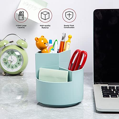 Desk Pencil Pen Holder, 3-Slot 360 Spinning Desk Organizer, Cute Pencil Cup Pot for Office, School, Art Supply - Blue - Image 2