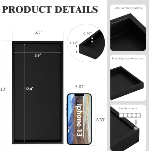 ZHWS Black Bathroom Vanity Tray for Countertop Perfume Makeup Jewelry Candle Decor, Kitchen Tray for Soap Dispenser Spice Salt, Large Black Tray for Toilet Tank Paper, Serving Nightstand 13”x6.5” - Image 4