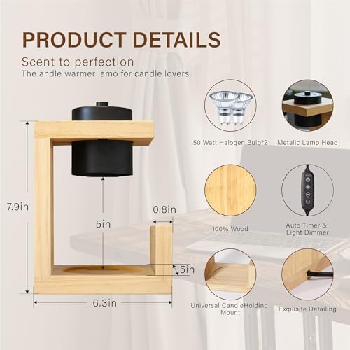 AIKUT Candle Warmer Lamp, with 2 Bulbs,Timer & Dimmer,Simple Natural Wood,Compatible Up to 4.5 inch Candles,for Home Scented and Décor，110-120V (Wood) - Image 2