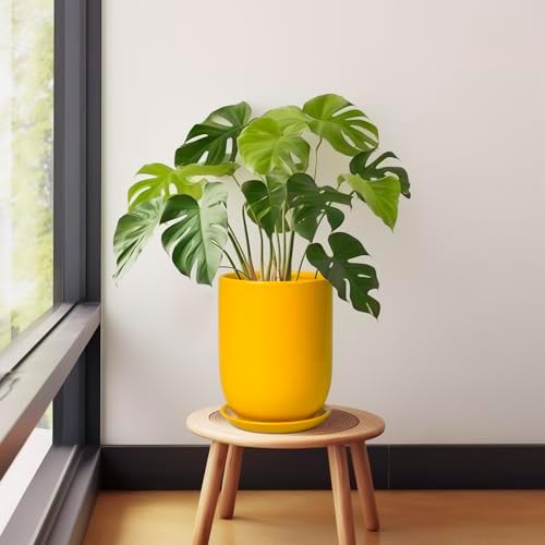 Plant Pot 8 Inch - Ceramic Plant Pot with Drainage Hole and Saucer Large Planter for Indoor Plants Outdoor Modern Flower Pot for Home Garden Decor Yellow - Image 4
