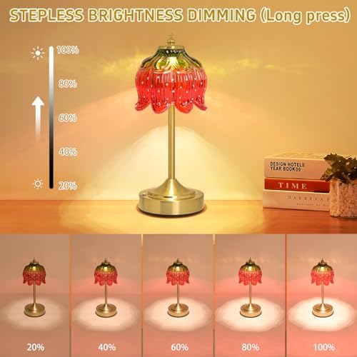 Cordless Table Lamp, Rechargeable Red Glass Flower Lamp - Image 5