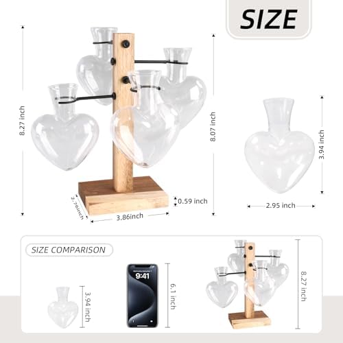 Plant Propagation Station Whith Acacia Wood Stand, 4 Heart Glass Vases - Image 2