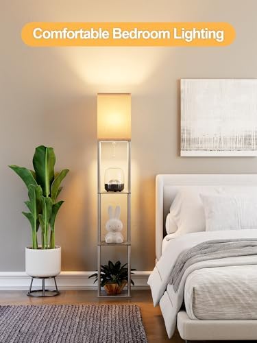 Floor Lamp with Shelves for Living Room Oak Gray, Shelf Floor Lamp with 3 CCT LED Bulb, Corner Display Standing Column Lamp Etagere Organizer Tower Nightstand with White Linen Shade for Bedroom Office - Image 7