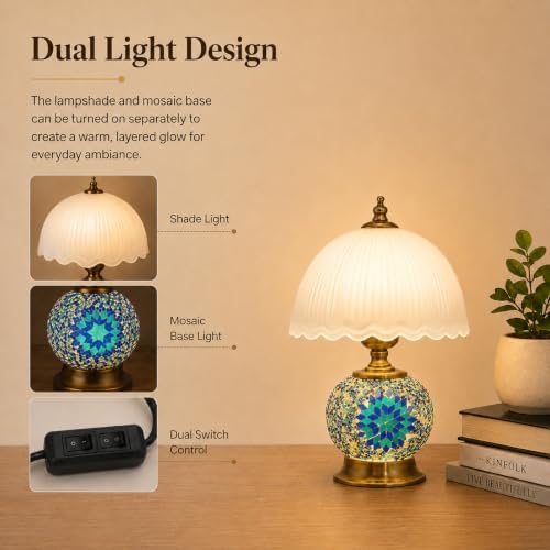 Boho Blue Mosaic Small Table Lamp with White Glass Shade - Image 4