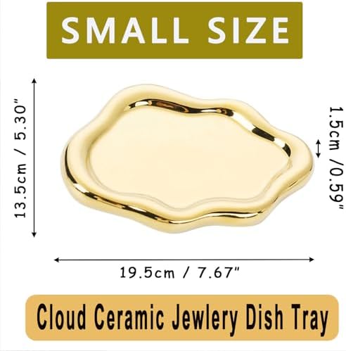 Jewelry Tray for Women, Cloud Shape Ceramic Trinket Dish, Jewelry Organizer Storage Holder for Ring Earring Bracelet Necklace, Make Up Organizer (White) (Gold) - Image 2