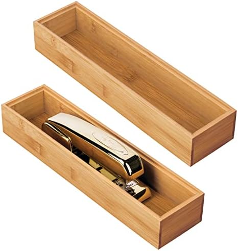 mDesign Slim Wooden Bamboo Drawer Organizer for Office - 12" Long Stackable Storage Box Tray for Desk Drawers/Cabinet - Junk Drawer and Accessories Organization - Echo Collection, 2 Pack, Natural Wood by mDesign