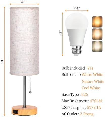 Dott Arts 18" Table Lamp for Bedroom, 3-Color Bedside Lamps with Pull Chain - Image 3