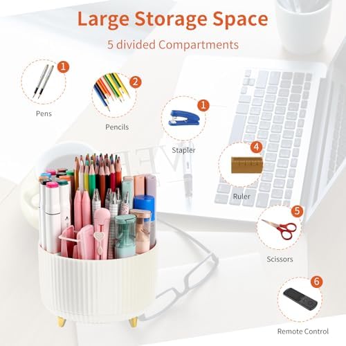 Desk Pencil Pen Holder, 5 Slots 360°Degree Rotating Pen Organizers for Desk, Desktop Storage Stationery Supplies Organizer, Cute Pencil Cup Pot for Office, School, Home, Art Supply, Beige - Image 3