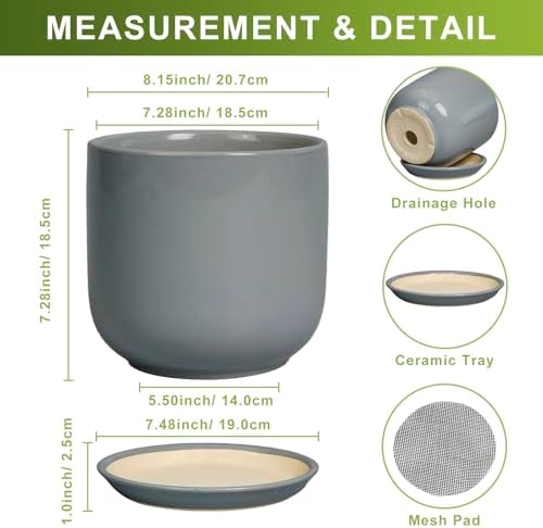 Ceramic Planter for Indoor Outdoor Plants - Cylinder Decorative 8 Inch Plant Pot with Drainage Hole and Saucer, Modern Home Decor, Gray - Image 3
