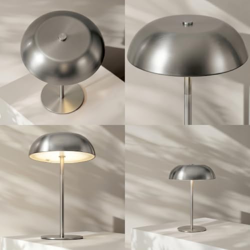 Portable LED Mushroom Table Lamp, Cordless Gold Table Lamp with 3 Color Stepless Dimming, Touch Control, Adjustable Height, Touch Lamp for Nightstand, Bedroom, Coffee Table, Bar, Restaurant (Silver) - Image 5