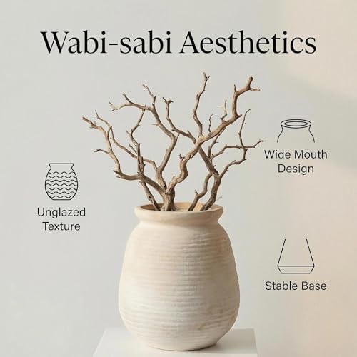 Rustic Terracotta Pot, 7 Inch Short Farmhouse Vase with Weathered Texture Vintage-White, Boho Home Decor for Pampas Grass, Tabletop, Mantel and Shelf Styling - Image 2