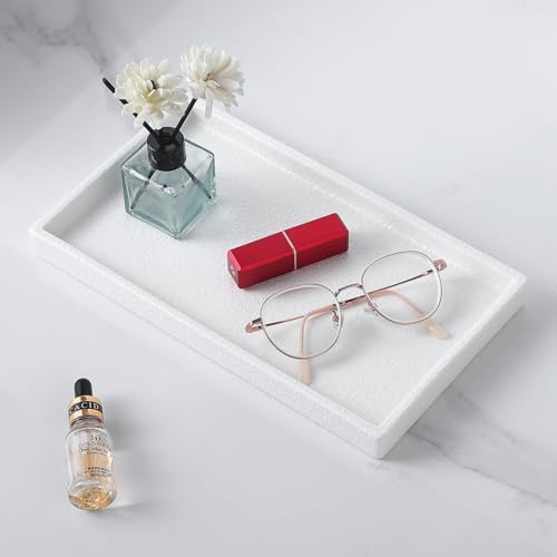 Bathroom Vanity Tray - 11'' Ceramic Rough-Textured Rectangle Countertop Tray, Heavy-Duty Organizer Plate for Perfume, Jewelry, Candles, Soap Dispenser, Kitchen Decorative Stone Trays, White - Image 2