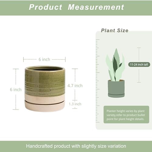 HERDUK 6 Inch Plant Pots, Ceramic Planter Pot with Drainage Hole & Saucer, Indoor/Outdoor Cylinder Round Planter Pot, Green & Beige - Image 3