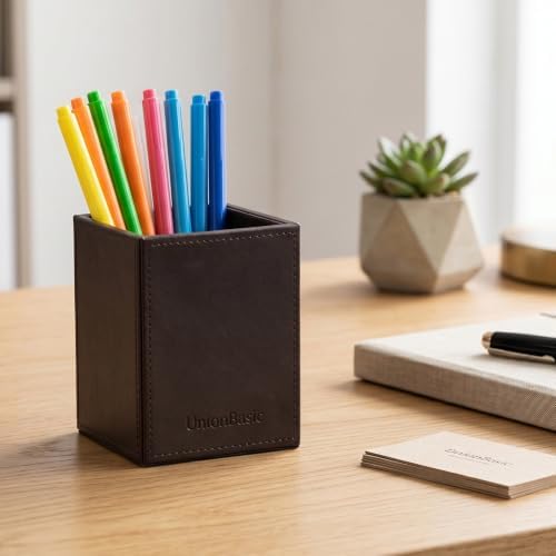 UnionBasic Square Pen Holder, Leather Pencil Cup, Desktop Caddy Stationery Organizer (Coffee) - Image 4