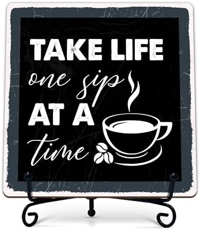 Coffee Bar Sign, Take Life One Sip at A Time Sign, Coffee Lover Gifts, 5x5 Wood Plaque with Iron Stand, Coffee-Themed Decor for Home or Cafe Tabletop – A04 by Unknown