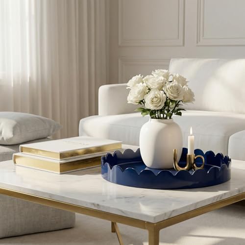 Gesodant 13" Round Scalloped Decorative Tray for Coffee Table Decor, Candle & Perfume Tray, Dining Table Centerpiece & Aromatherapy Candle Display, Modern Glossy Lacquer Look (Navy Blue) - Image 2
