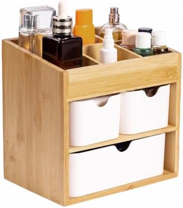 Bamboo Organizer with 3 Drawers, Small Organizer for Bathroom Countertop, Makeup Vanity Skincare/Cosmetic Organizer Box, Desktop Organization for Stationery, Adjustable & No Assembly Required by Sansnow