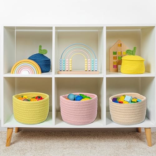 uxcell Blue Small Cotton Rope Woven Storage Basket, Shelf Closet Storage Gift Woven Baskets Cute Nursery Box Bin Decor Organization Bin for Home Supply, Round, 5.6x3.6 - Image 4