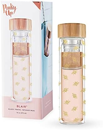 Pinky Up Blair Tea Infuser Mug with Strainer and Lid, Double Walled Glass Tumbler for Home Office, Travel, Picnic, Camping, 16 oz, Set of 1, Arabesque Gold by PinkyUp