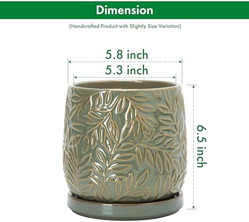 D'vine Dev Embossed Leaves Ceramic Planter, 6 in, Olive, 27-A-X-0 - Image 3