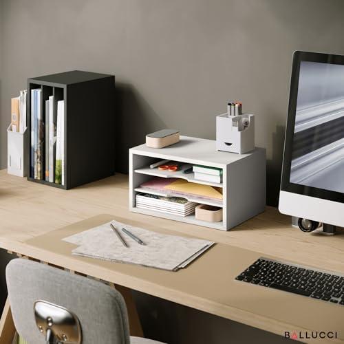 Ballucci File Organizer, 3-Tier Document Paper Sorter, Stackable Wood Desk Organizer, Mail Sorter and Monitor Stand with Storage Shelves, White - Image 2