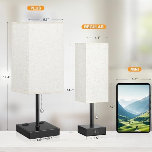 aooshine 17.4" Beige Bedside Table Lamp for Bedroom - USB C+A, 2 AC Outlets - Image 5