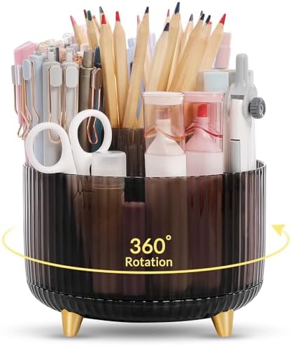 SKYDUE Rotating Pencil Pen Holder, Pen Organizer with 5 Slots - Aesthetic Desk Organizer and Accessories for School, Home, Office Supplies, Clear Black by SKYDUE