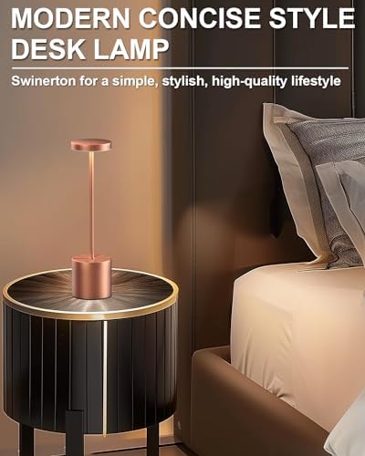 Swinerton Cordless Table Lamps Rechargeable, Portable LED Desk Lamp, 5000mAh Battery Powered Wireless Table Light - 3 Color Dimmable Lighting for Restaurant Dining Patio Outdoor Bedroom(Rose Gold) - Image 3