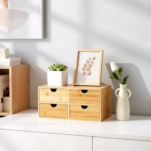 Bamboo Desk Organizer with 4 Drawer,Mini Desktop Drawer,Makeup Storage Drawer,Tabletop Storage Organization for Home Office by ILWorkTLs