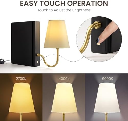 AELS Solid Wood Bookshelf Lamp with Bulb, 3-Color Touch Control Dimmable Table Lamp with Linen Shade, Modern Decorative Bookend Lamp for Bedroom, Office & Bookshelf Decor, Black - Image 3