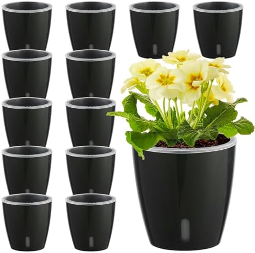 Self Watering Pots for Indoor Plants, 12-Pack 5'' Self Watering Planter with Drainage Holes, Small African Violet Pots with Water Level Indicator, Clear Wick Pot, Black by KvyusFlourish