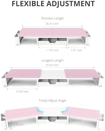OPNICE Desk Organizers and Accessories, Dual Monitor Stand Riser with Drawer and 2 Pen Holders, Desk Shelf Printer Stand for Office Workspace Organizers, Desktop Organization (Pink-White) - Image 3