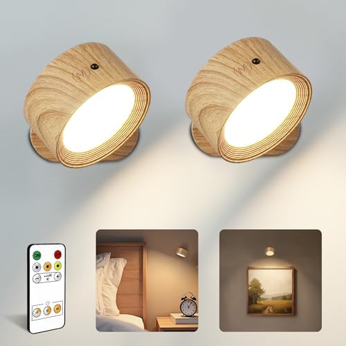 Wall Lights, Rechargeable Magnetic Wall Sconce with Remote, Wood Grain-2Pcs by AMETHEUS