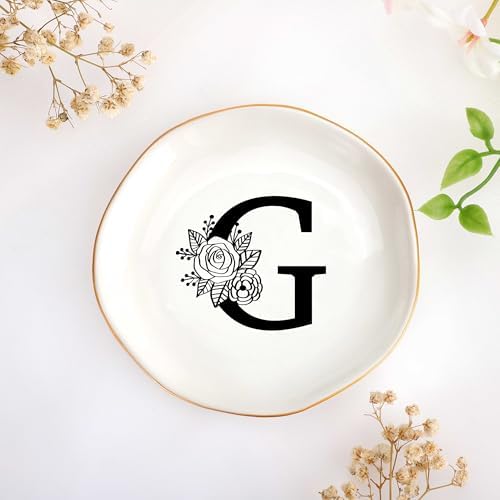 JoycuFF Initial G Ceramic Jewelry Tray, Bridesmaid Bride Gifts, Mothers Day Christmas Anniversary Engagement Birthday Gifts for Women Couples, Trinket Dish for Rings Earrings Necklaces Bracelets Keys by Joycuff