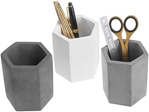 MyGift Cement Hexagon Pen Holders, Desktop Pencil Cups, Set of 3 by MyGiftHome
