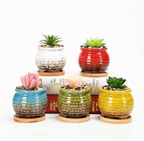 3.5 Inch Ceramic Succulent Planter Pot with Drainage Hole & Bamboo Tray - Mini Round Small Plant Pot for Indoor Desktop, Cactus Flower Container (Plant and Soil Not Included)，Blue - Image 5