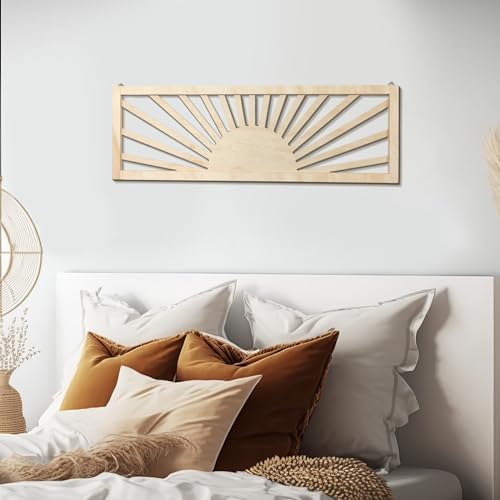 Burbell Horizontal Sun Wall Art, Boho Wooden Room Decor, 35"x12" Wood Color - Image 6