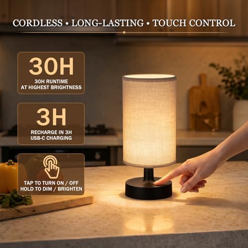 Kakanuo Cordless Table Lamp Rechargeable Small - 1 Pack Linen Black, 4000mAh Battery Operated Lamp with Touch Control Stepless Dimming, Wireless Lamp for Bedside, Nightstand, Bedroom, Living Room - Image 2
