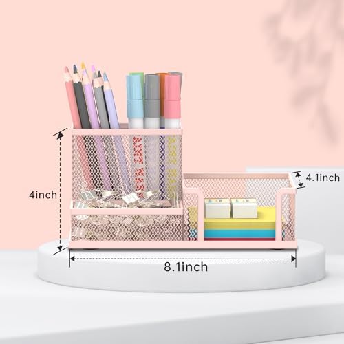 SUPEASY Mesh Pen Holder Desk Organizer, Office Supplies Pencil Storage with 3 Compartments, Office Desk Accessories and Workspace Organizers for Home School Classroom, Pink - Image 4