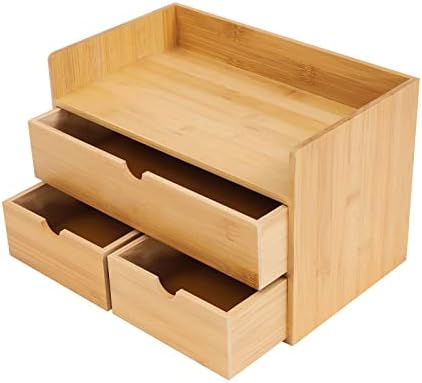 Premium Natural Bamboo Desktop Organizer, Attractive Design 3 Tier, Table Top Storage for Documents & Office Supplies, Accessories And More, No Assembly Required (3 Drawer with Shelf) by Unknown