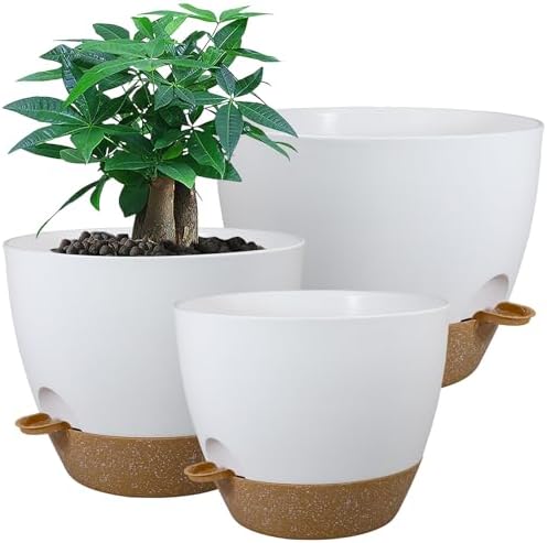 UOUZ Large Self Watering Pots, 12/10/9 Plastic Planters with High Drainage Holes and Deep Reservoir for Indoor Outdoor Garden Plants and Flowers, White with Brown by UOUZ
