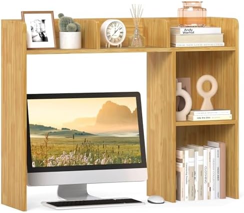 GIANTEX Desktop Bookshelf, Wood Desk Hutch Organizer for 27 Inch Computer Monitor, Countertop Storage Display Rack with 5 Shelves, Multipurpose Desktop Shelf Bookcase for Dorm Office Home (Burlywood) by Giantex