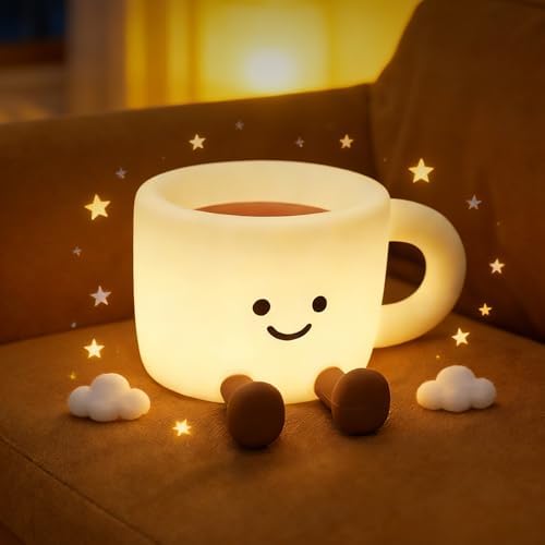 Coffee Cup Night Light, 3 Level Dimmable 30 Timer 7 Colors Nightlight Cute Lamps Silicone Squishy Light USB Rechargeable Bedside Touch Lamp for Baby Desk Dorm Decor Birthday Gift by Gemmac