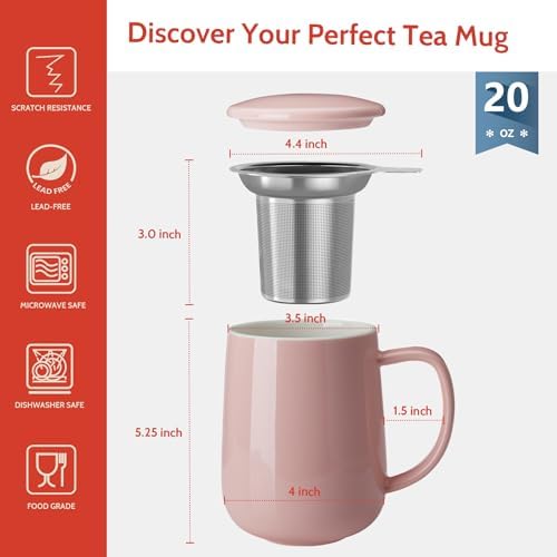 Sweese 20 OZ Porcelain Tea Mug with Infuser and Lid, Loose Leaf Tea Cup, Gifts for Tea Lover - Pink - Image 2