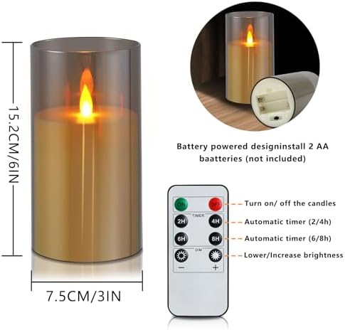 wemarry Flameless Candles Acrylic Glass Pillars 3" D x 6" H Battery Operated Flickering Candles Include 8-Key Remote with Timer Function 400+ Hours (Gray, Warm Light 2 Pack) - Image 3