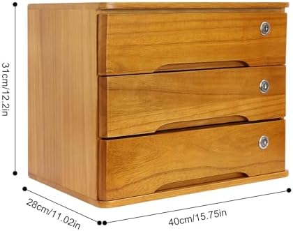 Wooden Desktop Storage Box with Lockable Drawers, Flat File Cabinet Drawer Desktop Storage Box, Countertop Storage Cabinet for Office Home Toiletries Supplies Vanity (Wood yellow, 3 Drawer) - Image 3