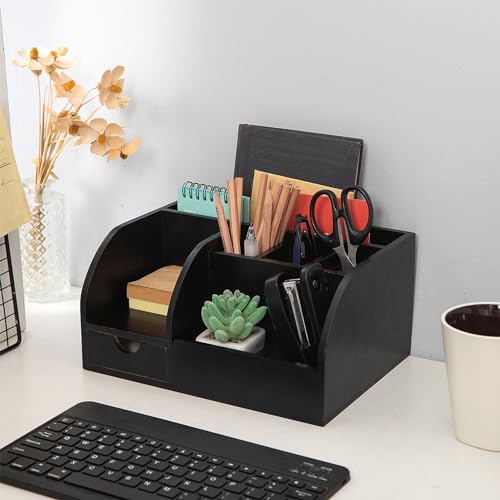 Office Desk Drawer Supply Organizer and Accessories, Wood Desk Organizer with 6 Compartments & 1 Drawer Binders Folder Papers Holder Pen Holder Office Desktop File Organizer (black) - Image 4
