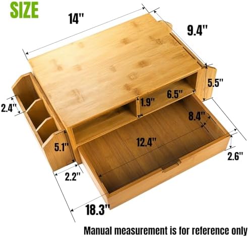 Hiceeden 2 Tier Bamboo Desktop Organizer, Desk Monitor Stand Riser with 1 Drawer and 2 Pen Holder, 2 Compartment Computer Desk Storage Organizer for Laptop, Printer - Image 2
