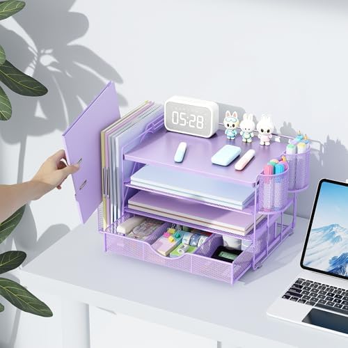 gianotter Wood Desk Organizers and Accessories with File Holder, 4-Tier Desk Accessories & Workspace Organizers with Drawer and 2 Pen Holder, Desk Reference Organizer (Purple, 4T with Metal Drawer) - Image 6