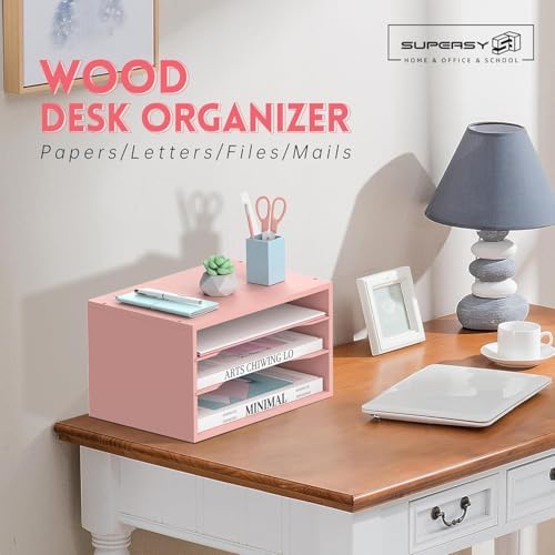 3 Tier Wood Desk Organizer, Mail Sorter and Paper Organizer for Desk, Pink - Image 2